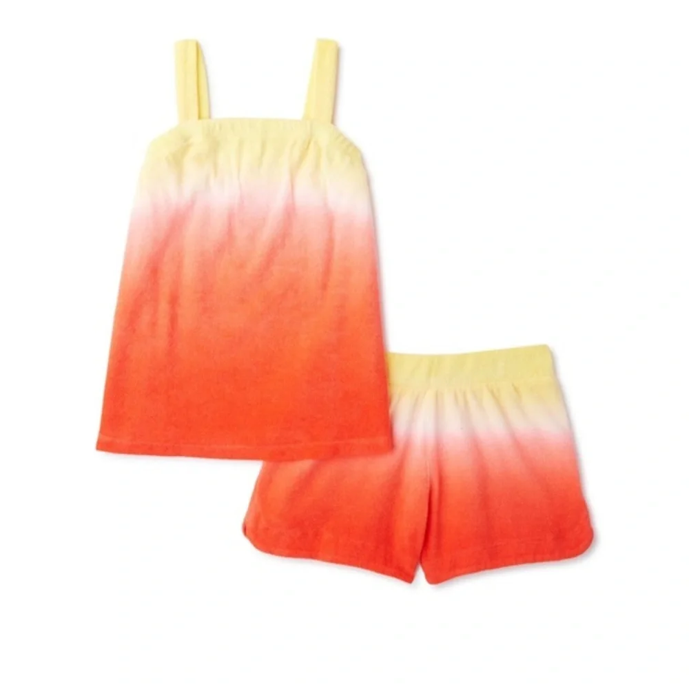 Girl’s 2Piece Terry Towel yellow & coral Ombre‎ tank shorts set size XS (4/5)